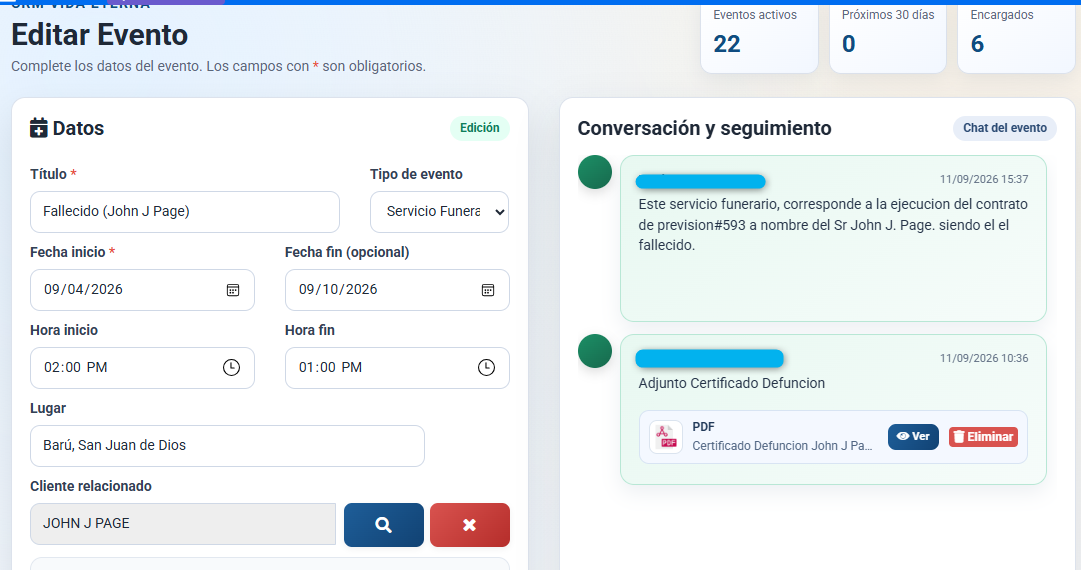 CRM Vital Client - Panel de eventos