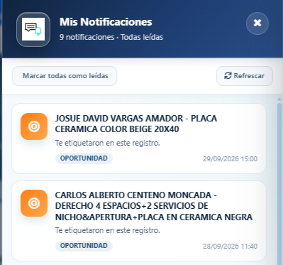 CRM Vital Client - Panel de notificaciones